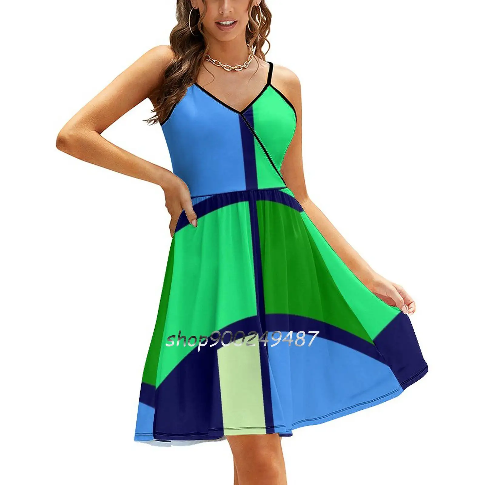 Mondrian Style Design Blue Green Sling Dress Women Summer Printing Condole Belt Dresses Neoplasticism Neo Plasticism Rectangles