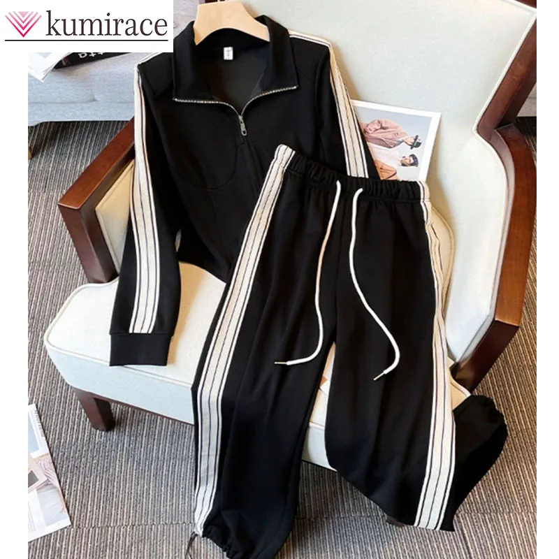 Casual Fashion Set Women's Spring and Autumn High End Flip Collar Coat Age Reducing Sports Wide Leg Pants Two Piece Setpant sets