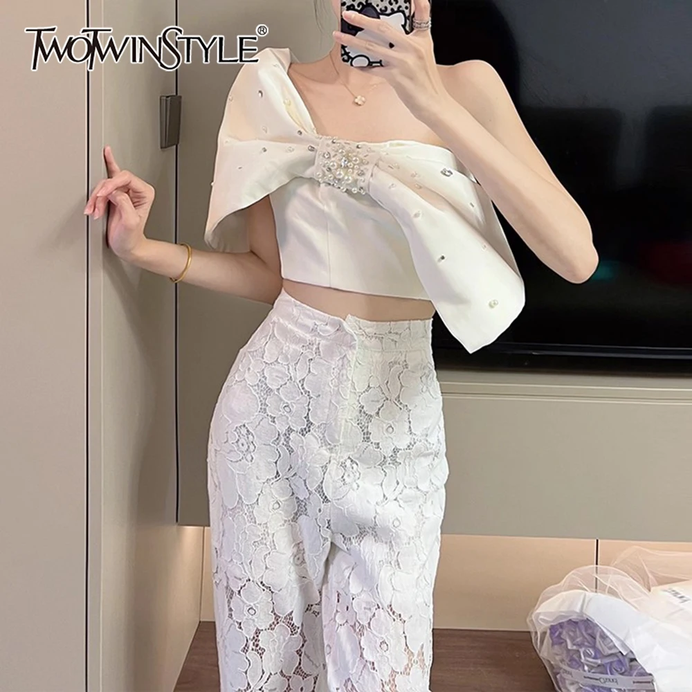 

TWOTWINSTYLE Solid Spliced Bow Chic Vest Female Square Collar Off One Shoulder Slimming Hot Girl Women's Vests Summer Fashion