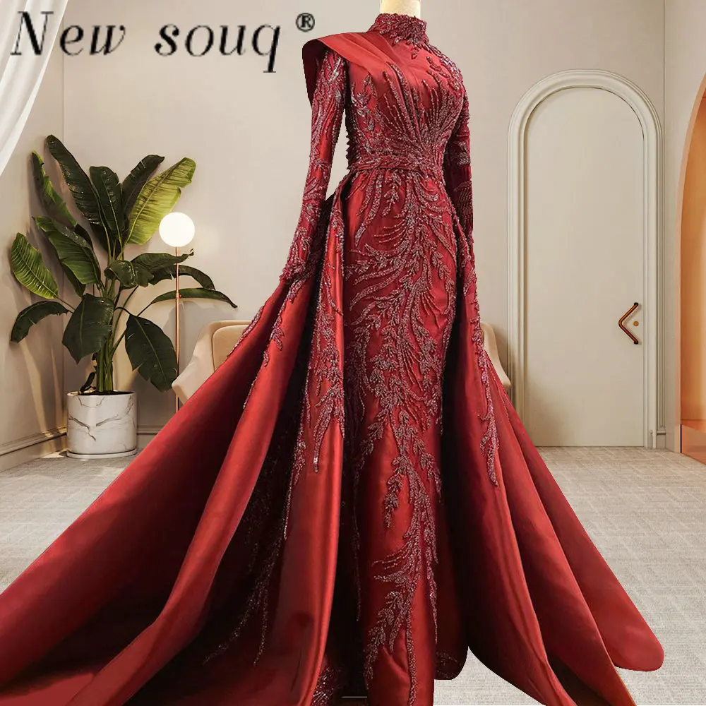 فساتين سهرة حورية البحر الإسلامية بأكمام طويلة مطرزة باللون العنابي مع ذيل قابل للانفصال في الشرق الأوسط ورقبة عالية فساتين حفلات رسمية للنساء