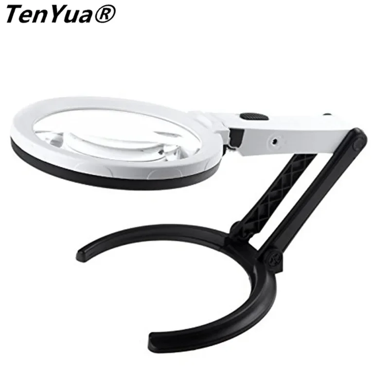 TenYua Portable 10 LED Light Magnifier Magnifying Glass with Light Lens Table Desk-type Lamp 2x 5x Handheld Foldable Loupe