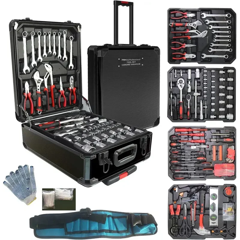 799PCs aluminum trolley case tool set silver, house repair kit set, household hand tool set, with tool belt, gift