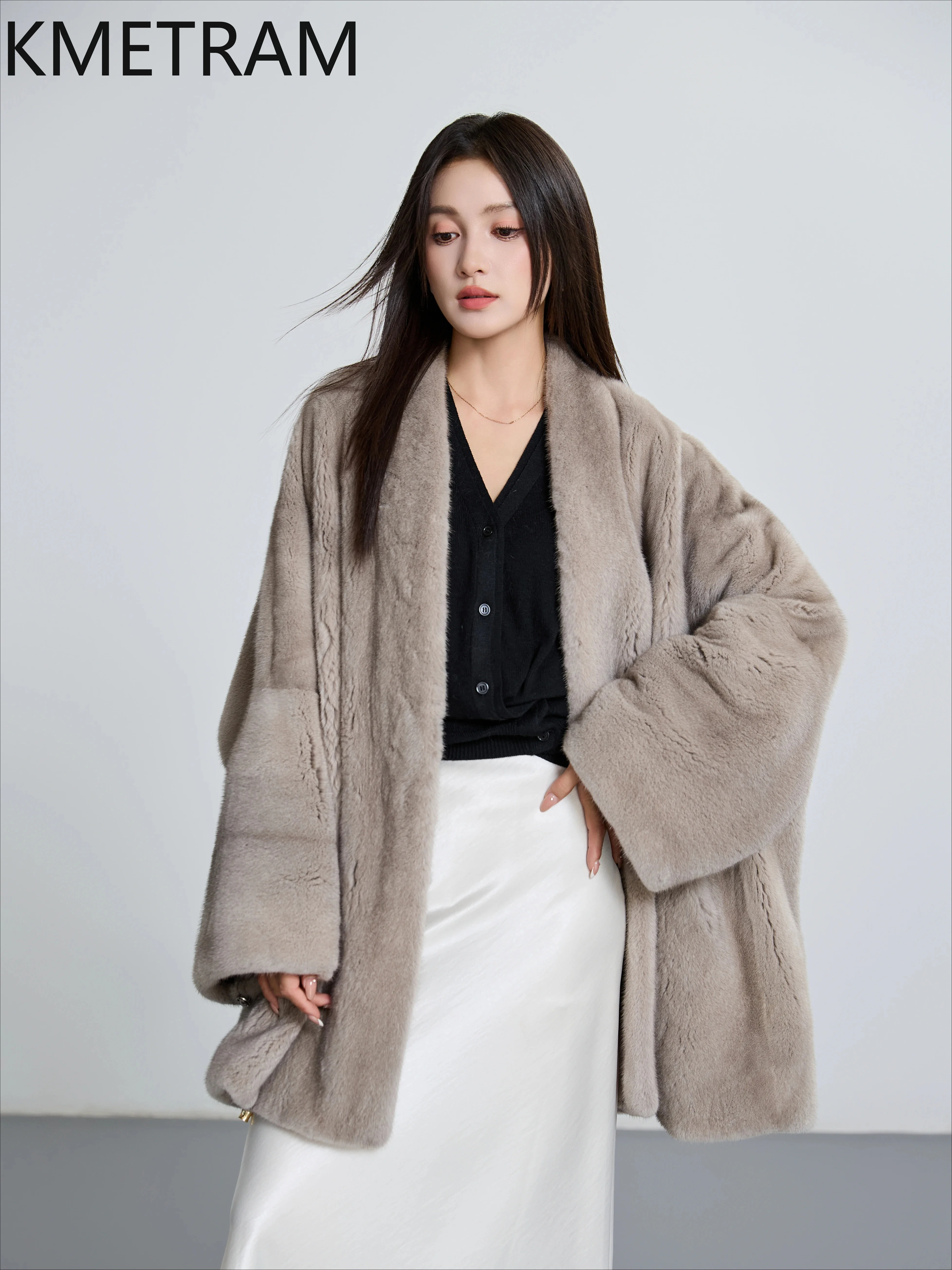 KMETRAM Real Velvet Whole Mink Fur Coat Woman V-Neck Batwing Sleeve Fur Jacket Warm Winter Loose Coats Women Clothes 80cm 2026