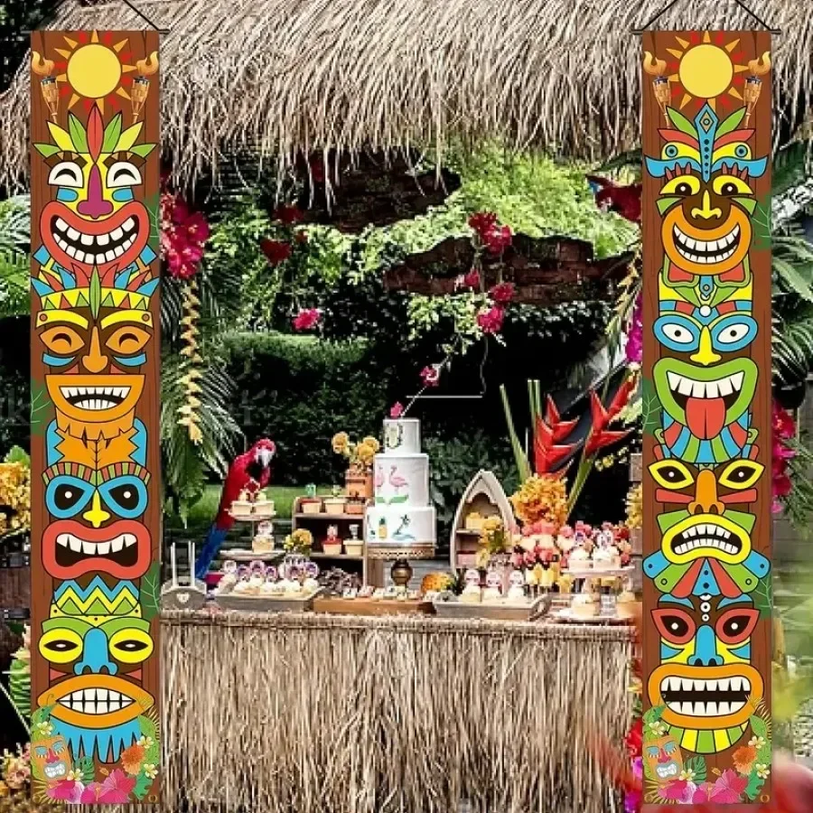 

2pcs, Hawaiian Luau Party Decoration Supplies,Tiki Totem Door Banner Sign For Aloha Hawaii Luau Tropical Moana Birthday Party De