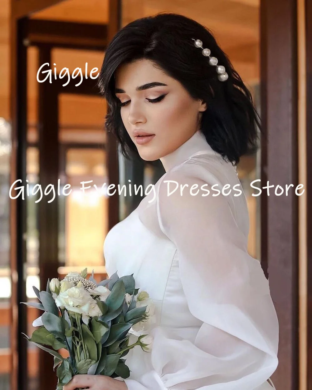 Giggle Princess White Winter High Neckline Long Sleeves Sweep Train Wedding Dresses with Button vestidos de novia Lace Up