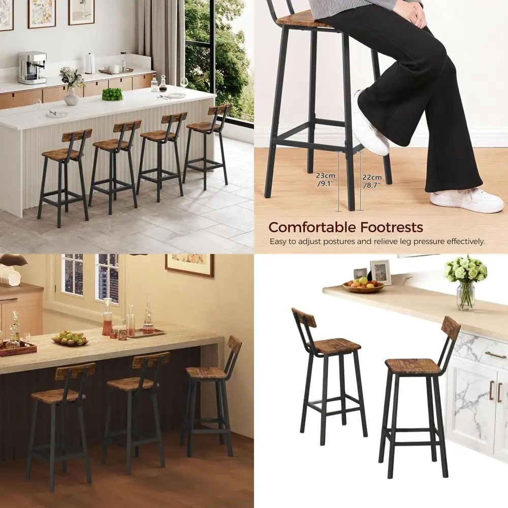 

Пара барных стульев (2 шт.) с спинкой и подставкой для ног, цвет рустик (коричневый и черный), идеально подходят для кухни, столовой и гостиной