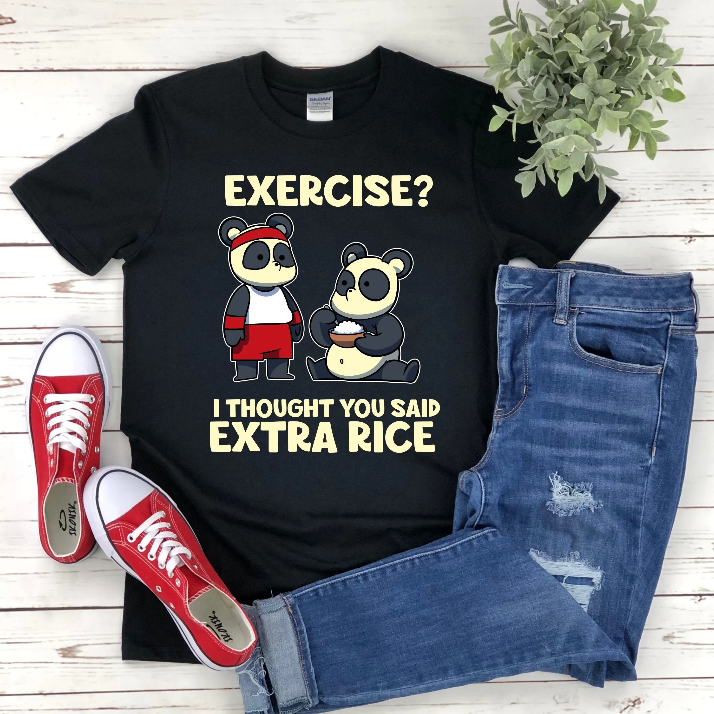 Exercise I Thought You Said Extra Rice Funny Asian Food Fitness Workout Pun Cute Kawaii Panda Bear T Shirt Sweater