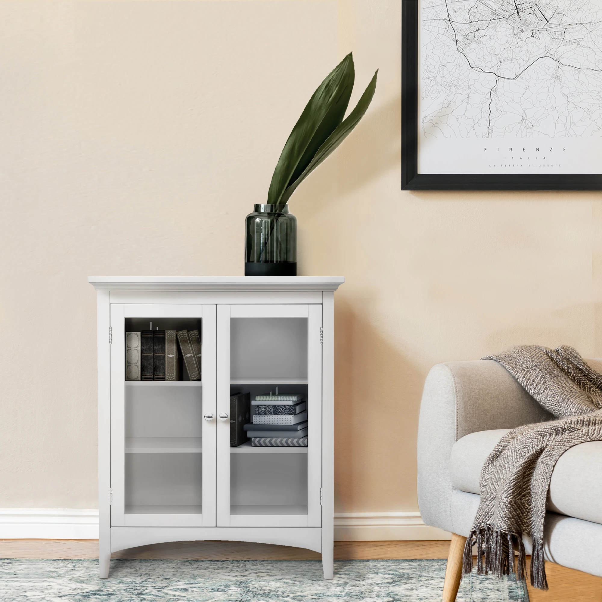 

Wooden Floor Cabinet with 2 Glass Doors,White,Family Cabinet,Storage Cabinet(Us Stock)