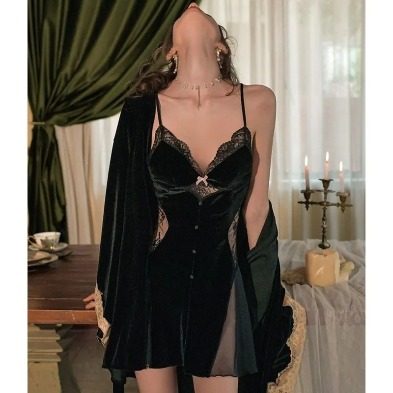 Golden Velvet Pajamas Women Sexy Lace Sleepwear Suspender Nightgown Autumn Winter Loungewear 2024 New Robes Two-piece Suit