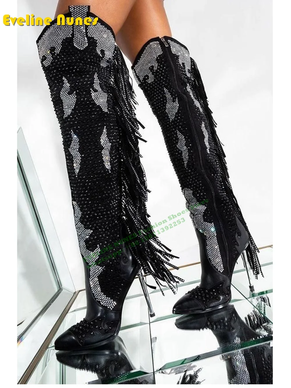 Women's Rhinestone Embellished Over The Knee Boots Crystal Fringe Metal Heel Pointer Toe Patchwork Women Sexy Fashion Shoes 2024