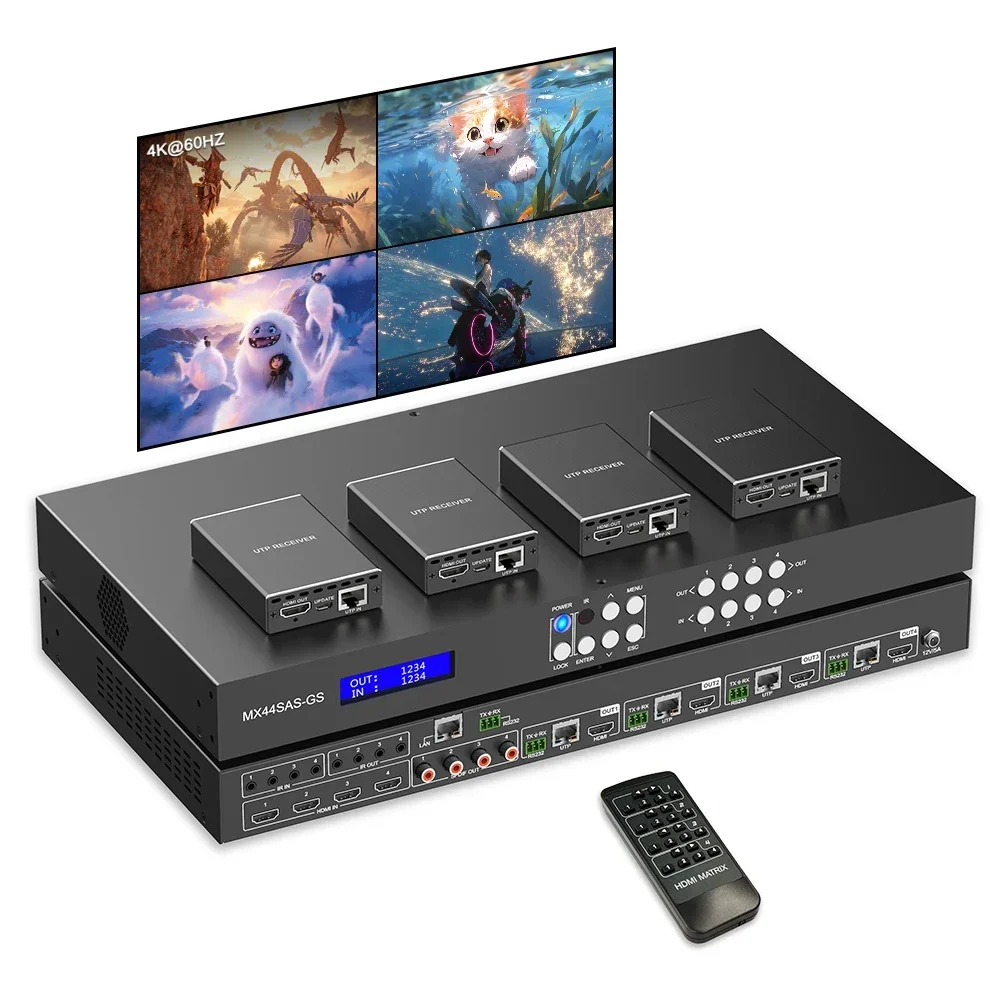 In stock4K60Hz HDMI Matrix 4x4 Seamless Video Wall with Extend 60m PIP HDR10 Dolby Vision IP/RS23 Control
