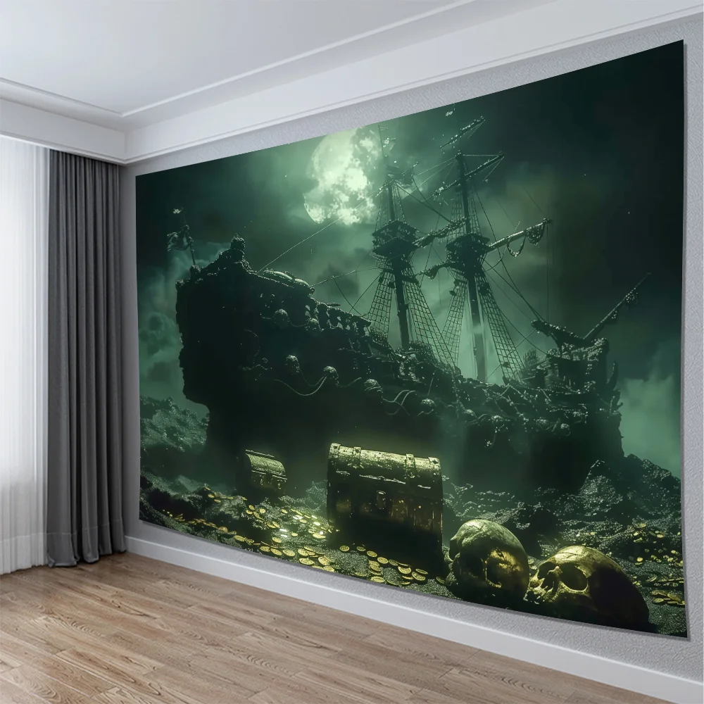 Dramatic Gothic Pirate Shipwreck Curtain Window Decor Nautical Ocean Mystery Adventure Dark Mood Living Room Drapery Art Print W