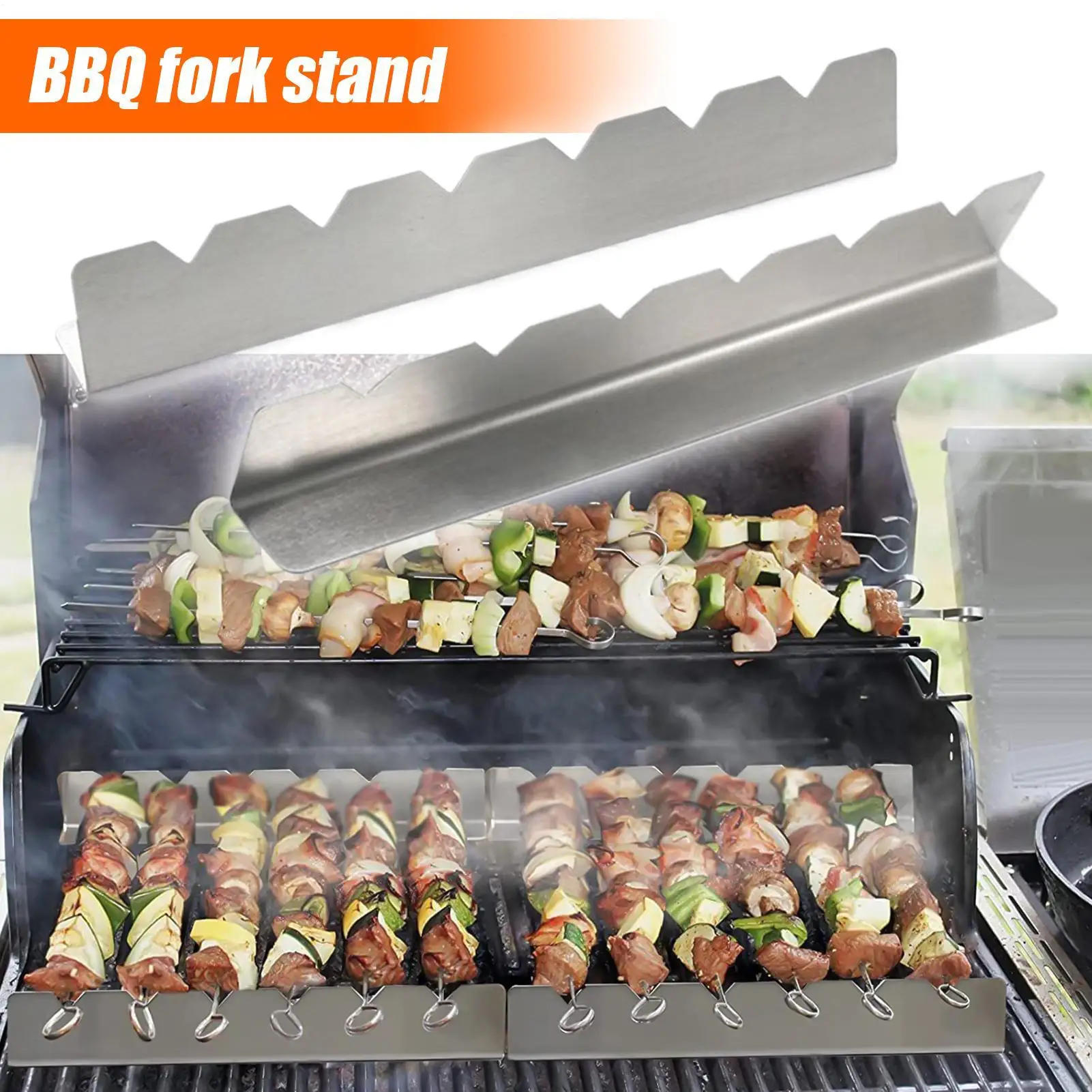 Grill Skewers Holder 2-Piece Stainless Steel BBQ Skewer Rack Heat-Resistant Barbecue Stand Grilling Tools For Meat Vegetable