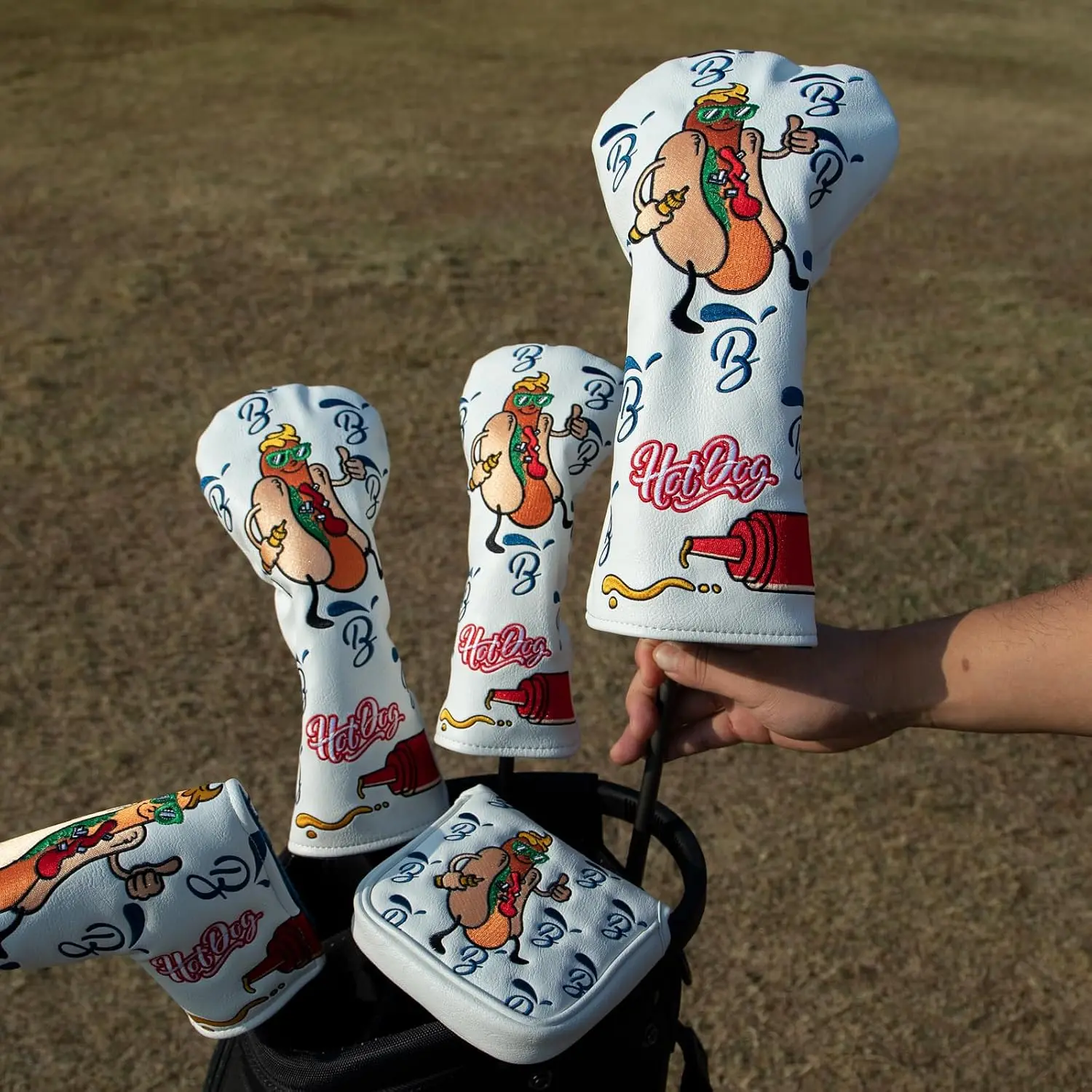 Golf Club Headcovers, Hot Dog Style Golf Driver Cover, Fairway Wood and Hybrid Head Covers, 3 Wood Headcover, Leather Golf Headcover with Number Tag, Universal Fit