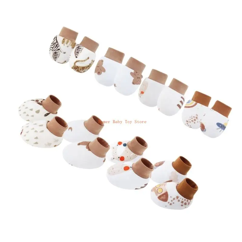 J0PF 4 ชุดผ้าฝ้ายนุ่มสบายเด็ก Mittens พร้อมถุงเท้าสำหรับทารกแรกเกิด Breathable Scratch Proof ถุงมือ 0-6 เดือน