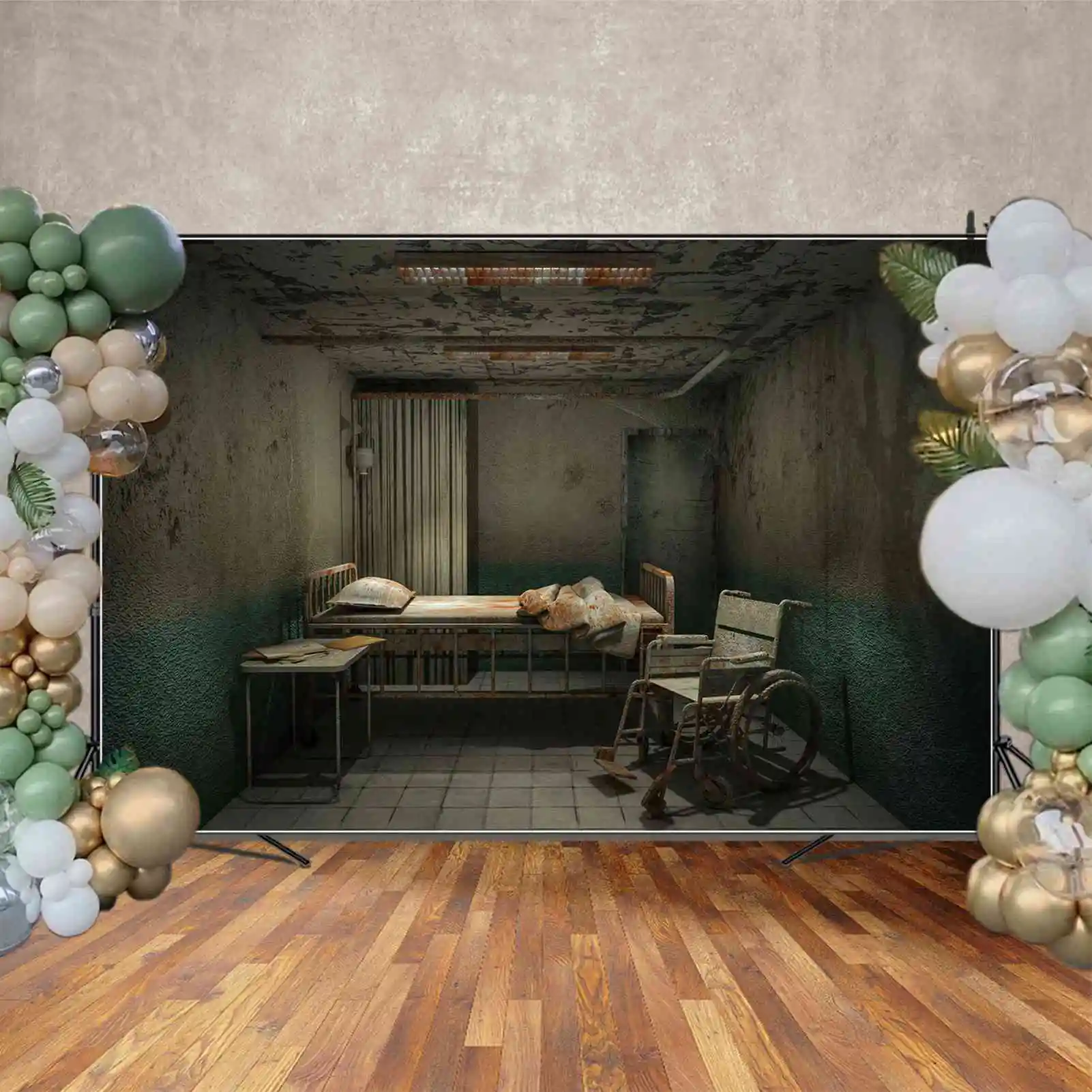 Moon. qg Hintergrund Halloween Krankenhaus zimmer stationäre Station Foto kabine Hintergrund ungepflegte Krankenbett Rollstuhl Vorhang Dekorationen