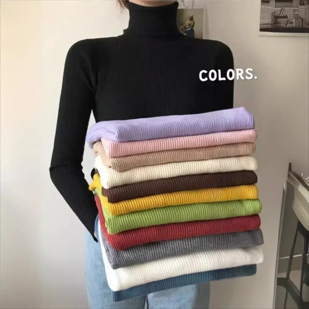 

Korean Pullover Women Heap Turtleneck Solid Color Elastic Knit Sweater Long Sleeve Autumn Winter Sweater Winter