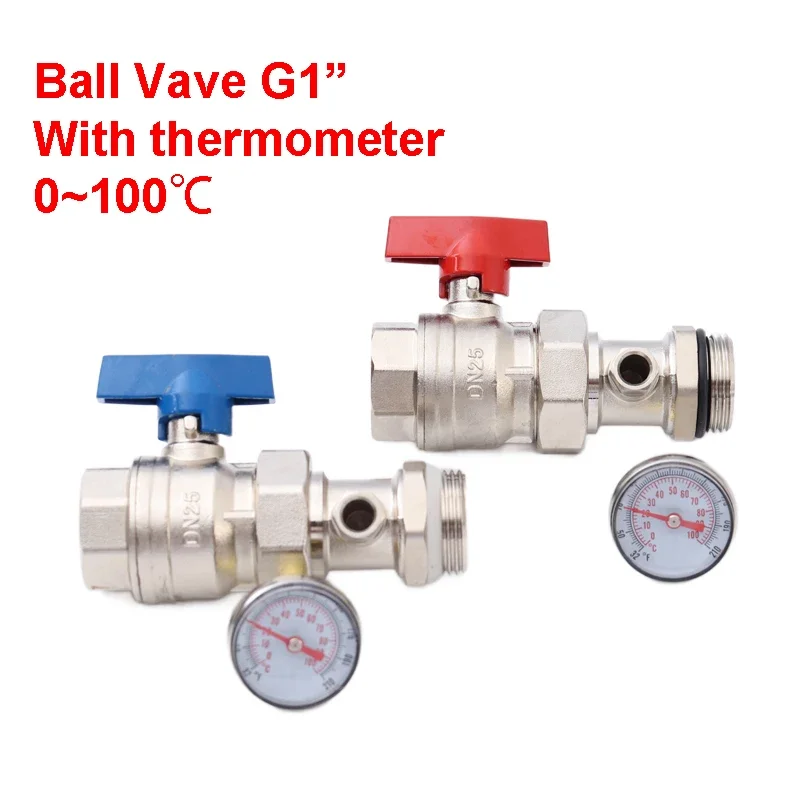 One Set / DN25 Brass Ball Valve with Thermometer 0~100 For Manifold Underfloor Heating System