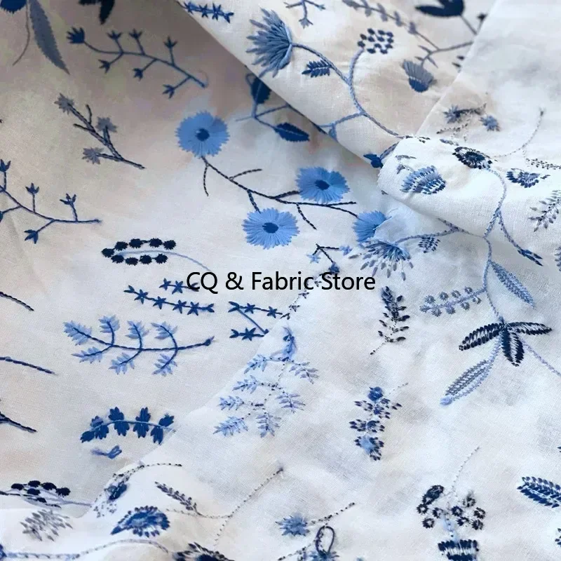 White Embroidery Blue Thread Japanese Style Cotton And Linen Fabric Diy Clothing Dress Cloth