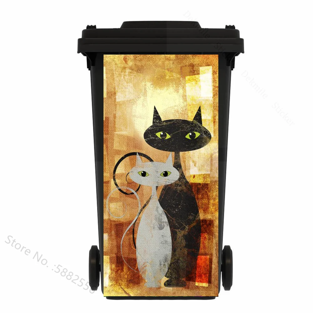 Cat Geometry Scenery Outdoor Trash Can Sticker Waterproof Removable Motorcycle Mural DIY Trash Can Lid Decal Home Decor Sticker view 4