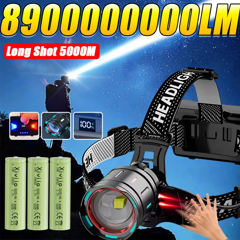 

8900000000 Ультра яркие светодиодные фары дальнего действия 5000 м Мощный налобный фонарь Перезаряжаемый налобный фонарь Открытый налобный фонарь для рыбалки
