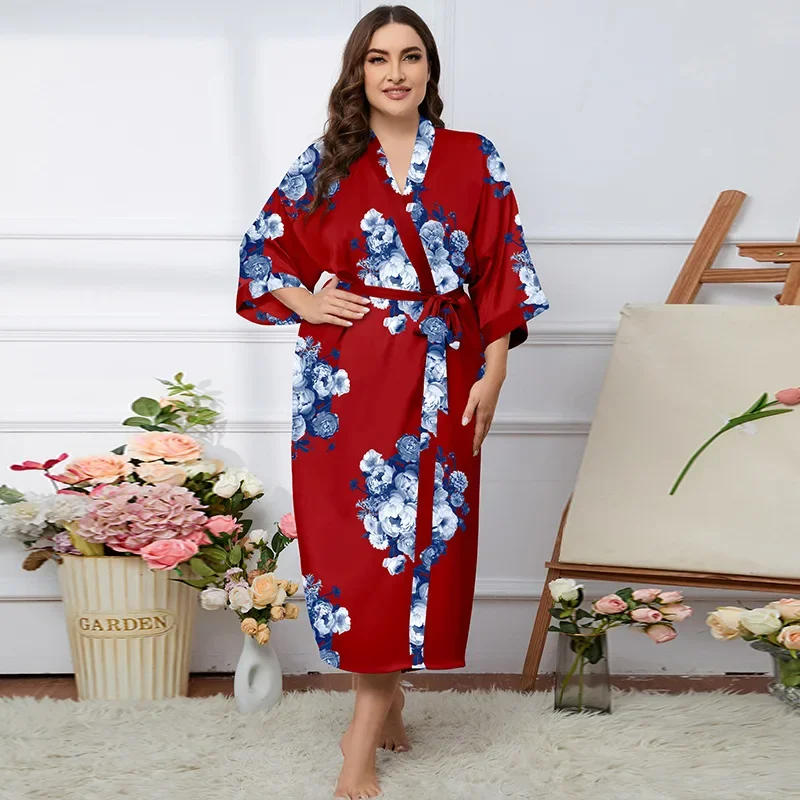 صيف جديد طباعة زهرة كيمونو رداء الساتان ملابس منزلية غير رسمية الملابس الداخلية الحميمة النساء الأخضر طويل ثوب النوم ثوب الحمام