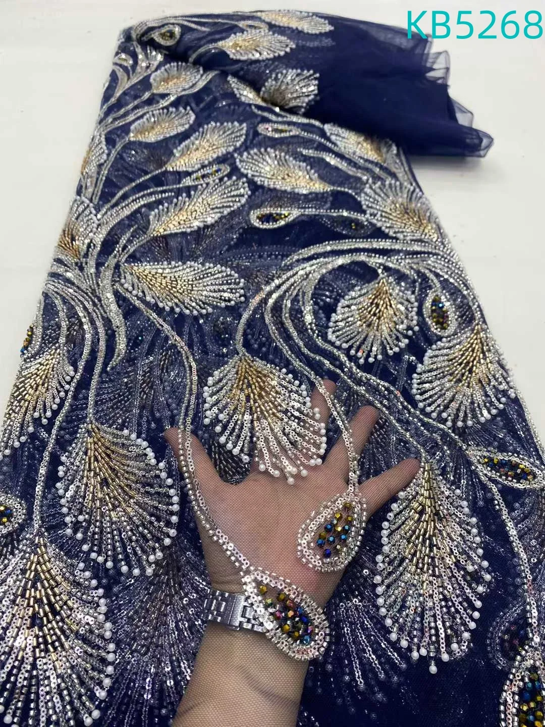 

Luxury African Fabric 5 Yards Green Beaded Fabric Nigerian Sequence Tulle Lace Fabrics Embroidery For Wedding Party Dress KB5268