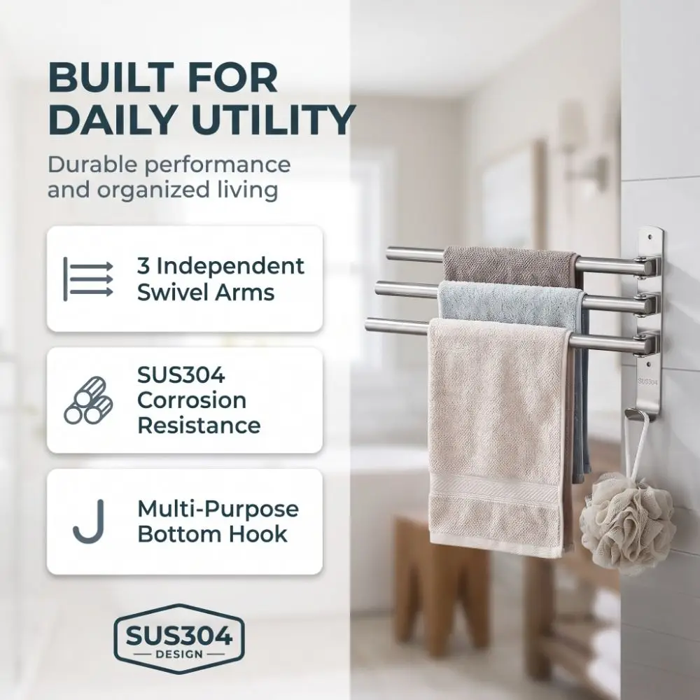 Durable Stainless Steel Towel Racks Swivel Out Silver Towel Holder Organizer Wall Mount with Hook Towel Bar Space-Saving
