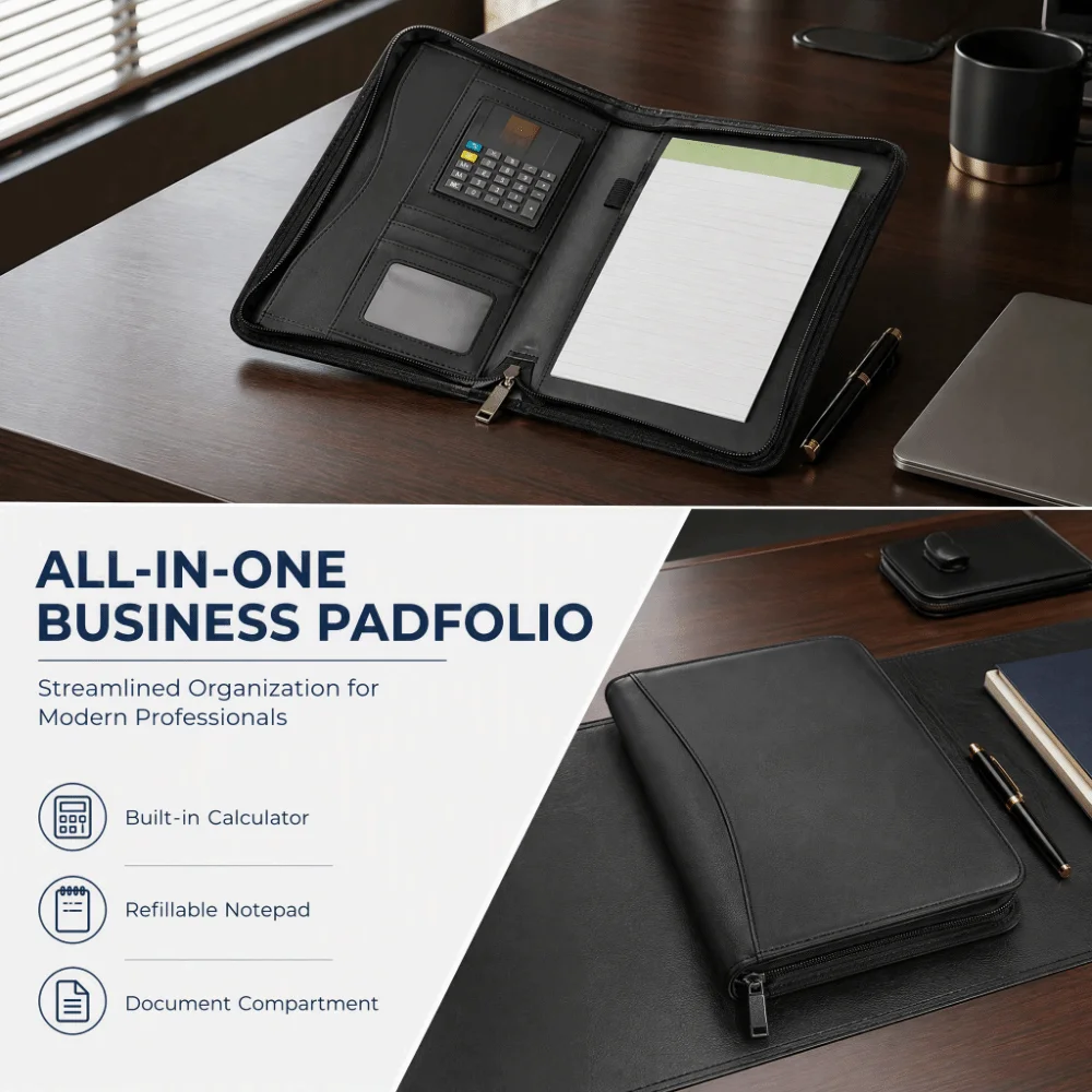 PU Leather Business Portfolio Zippered Closure A5 Size Padfolio Folder Solar Calculator Card Slots Document Organizer Office Use