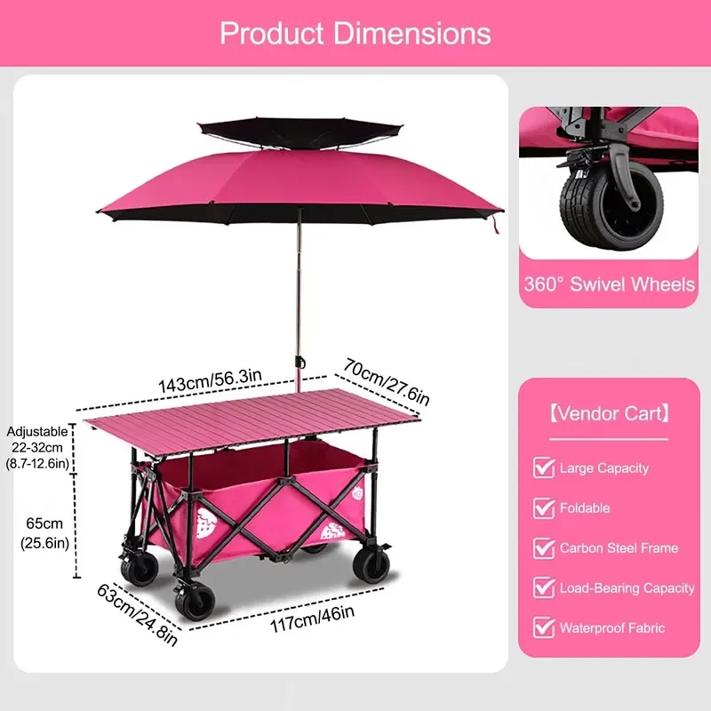 Brown Foldable Metal Frame Camping Wagon 150kg Load Capacity Portable Four Wheel Outdoor Storage Cart for Picnic Beach Trip