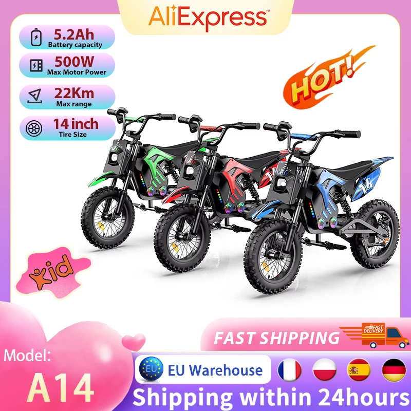 Moto électrique pour enfants A14, moteur 500W, autonomie 22 km, batterie 36V5.2Ah, 3 vitesses (27 km/h), freins doubles, amortisseurs, lumières pour le plaisir en extérieur