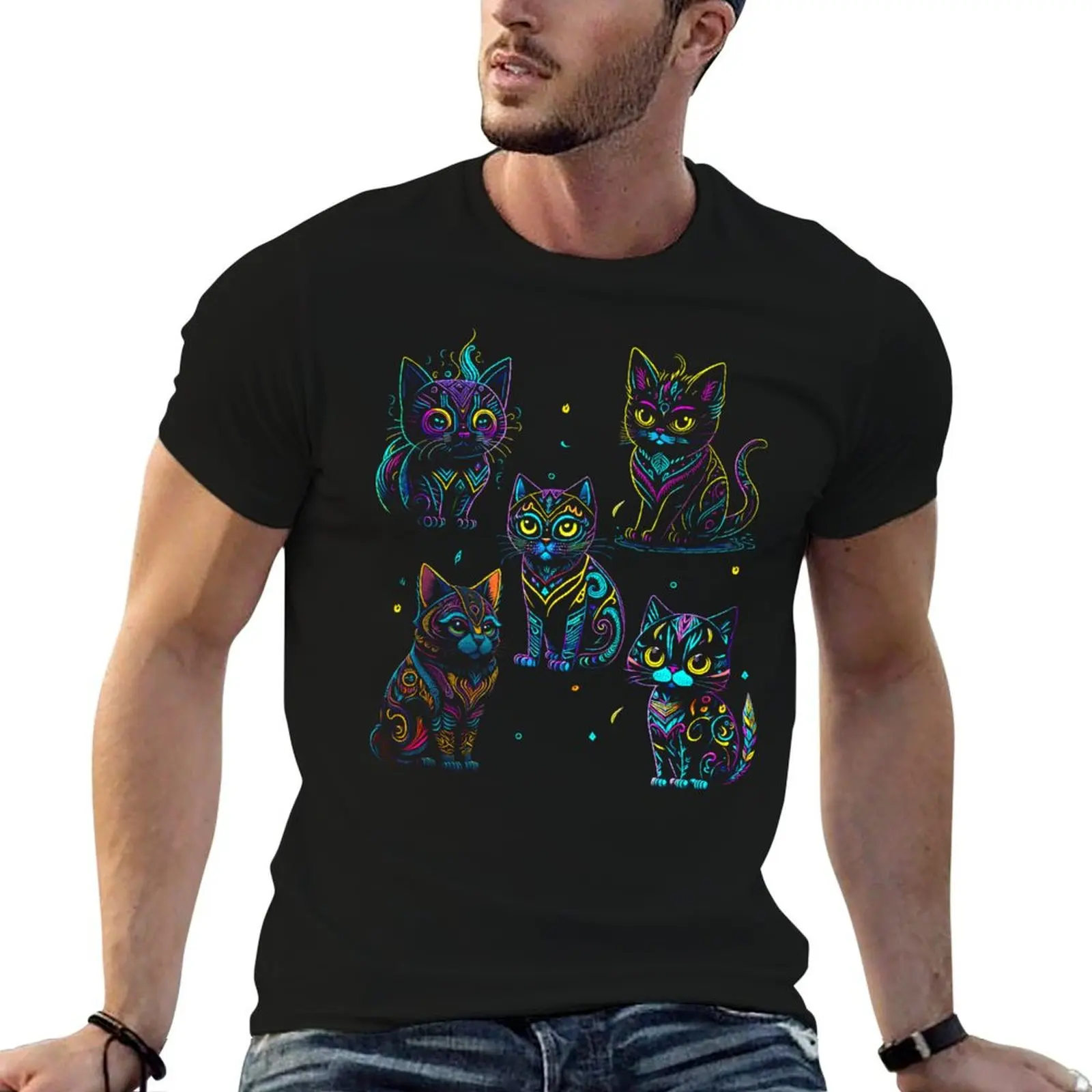 

cotton T-Shirt funny shirts Cats t neon in man tshirt