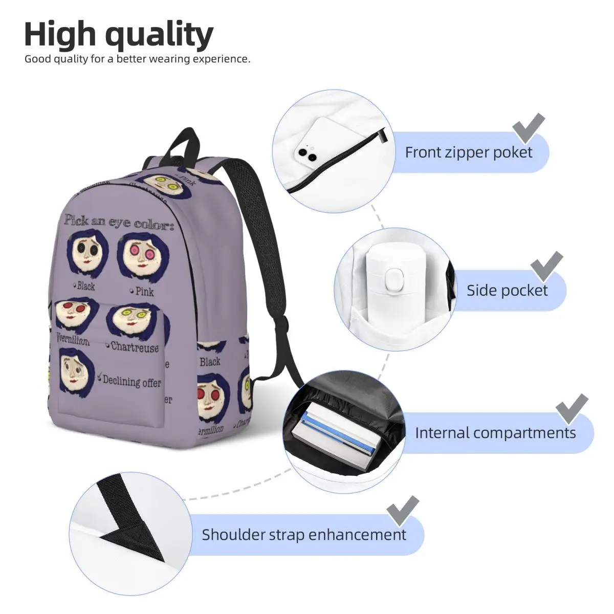 Coralines Pick An Eye Color Backpack for Men Women Fashion Student Hiking Travel Daypack Doodles Laptop Shoulder Bag Outdoor