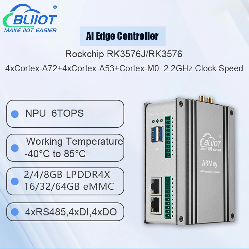 เกตเวย์คอมพิวเตอร์อุตสาหกรรม BLIIoT AI Edge Computing ใช้ชิปประมวลผล ARM รุ่น DI DO 4*A72 Rockchip RK3576J ความเร็ว 2.2GHz พร้อม NPU 6TOPS ในตัว รองรับระบบปฏิบัติการ Linux