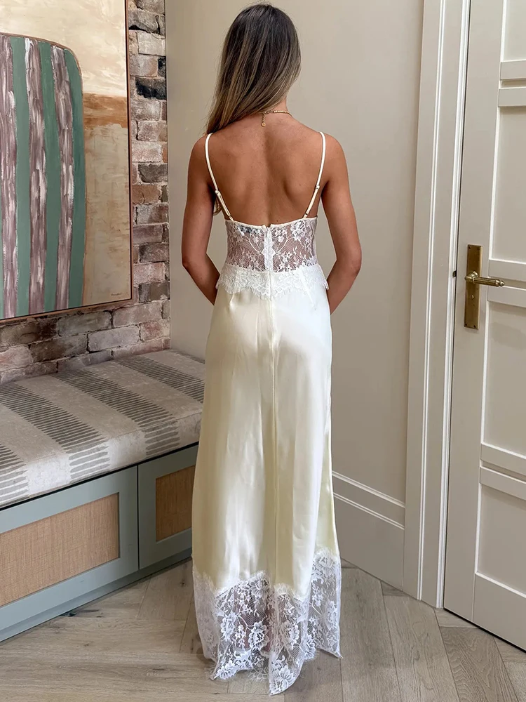 Mozision Spaghetti Backless Sexy Maxi Jurk Vrouwen Elegante Kant Patchwork Satijn V-hals Mouwloze Club Party Lange Jurken