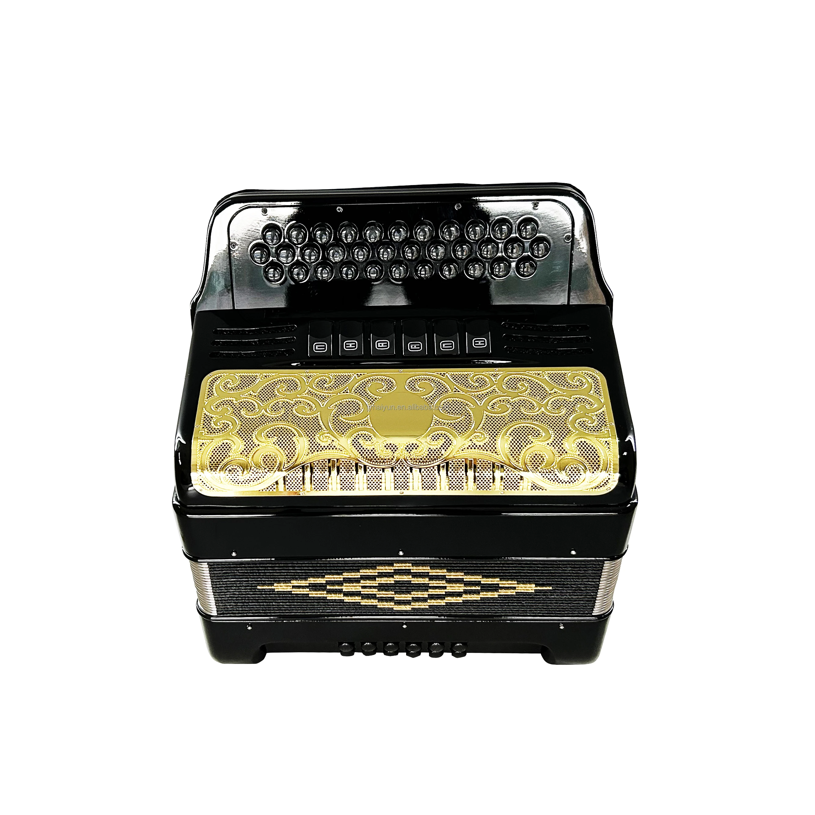 Professional Diatonic Accordion Instrument JB3412E 34 Buttons 12 Bass 6 Registers Bright Black Body Gold Grill Black Buttons