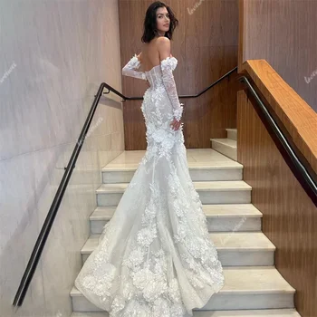 เดรสแต่งงานลูกไม้ลายนางเงือกสำหรับผู้หญิงชุดเดรสสำหรับเจ้าสาวชุดกระโปรง3D แขนยาวแบบถอดออกได้ลายดอกไม้