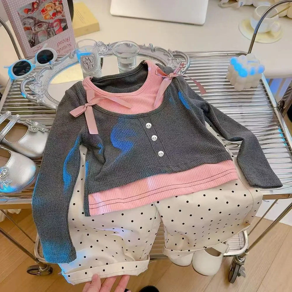 الفتاة الحلو وهمية قطعتين القوس تي شيرت أعلى 2025 الربيع والخريف جديد الأطفال ملابس كاجوال كم طويل أسفل قميص #5