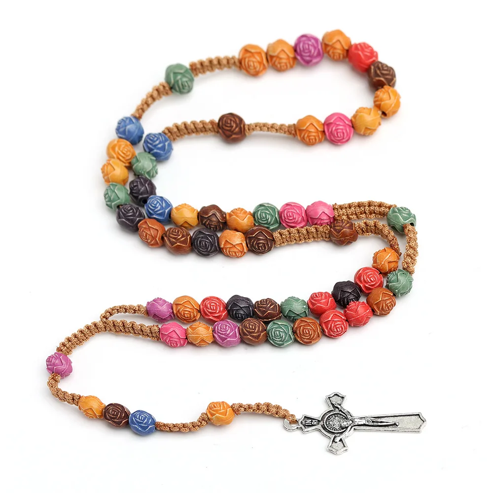Rosario de cuentas de Rosa cristiana para mujer, colgante de Cruz de INRI, cadena larga, regalo de joyería religiosa, moda femenina
