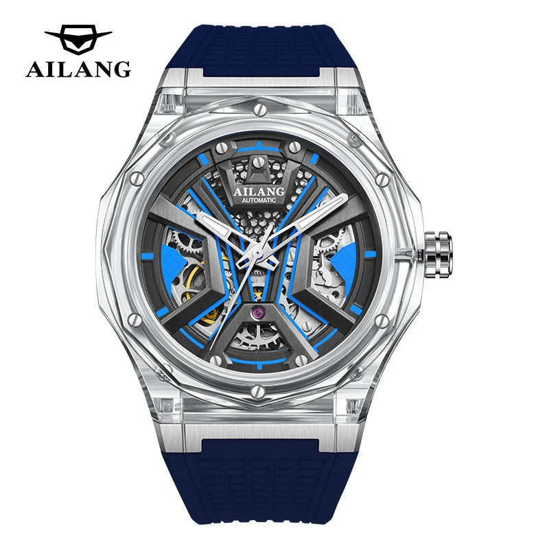 AILANG Brand Sports Men Mechanical Watch Luxury Rubber Strap Waterproof Luminous Hands Fashion Skeleton Automatic Watches Mens