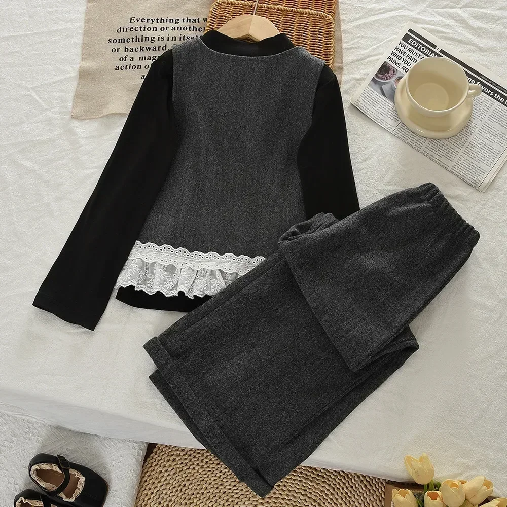 الربيع والخريف موضة جديدة 8-12 سنة فتاة في سن المراهقة زي ثلاث قطع مجموعة رمادي الدانتيل المرقعة سترة السراويل قاعدة قميص #4