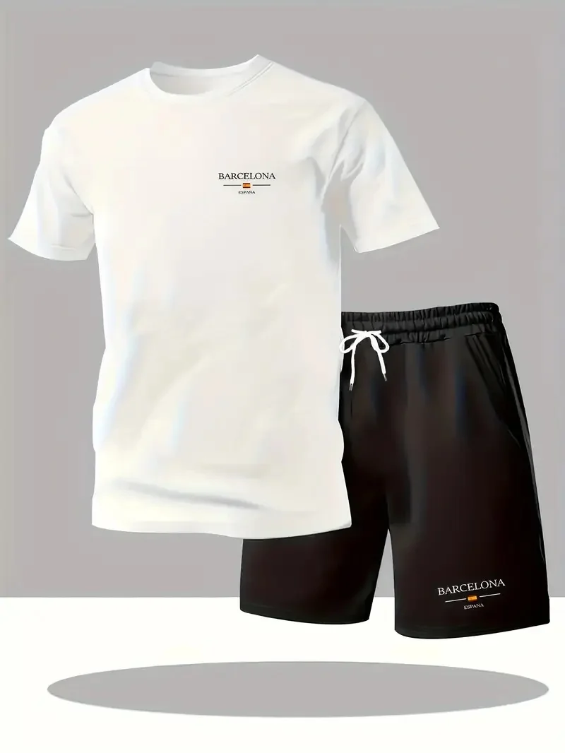 New summer fitness sportswear for men, short-sleeved T-shirt and shorts two-piece set, breathable and quick-drying casual wear.