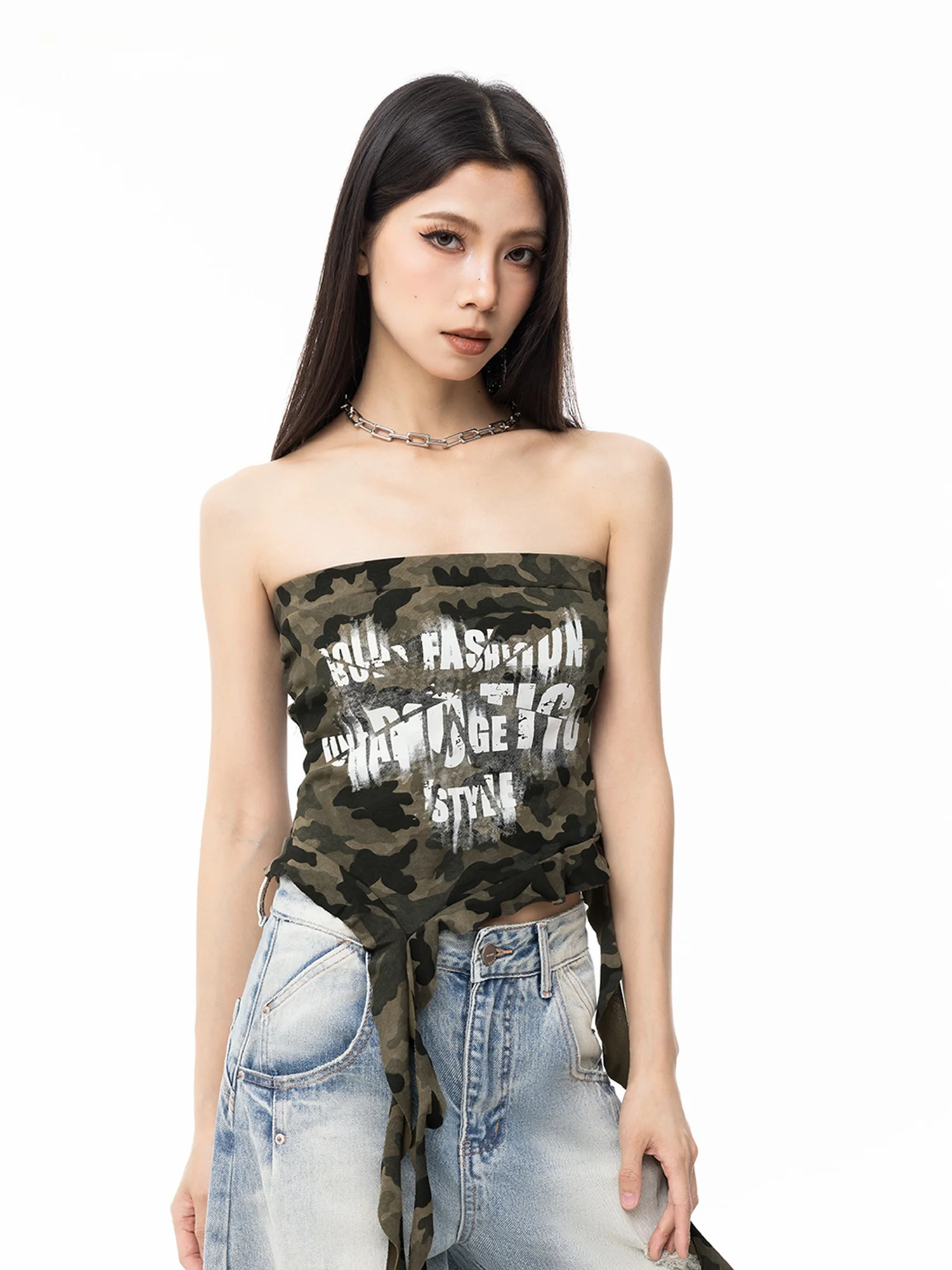 

EDX Letter Print Halter Top Women's Summer Camouflage Design Jazz Dance One-Shoulder Slim Fit Polyester Fiber Citywalk Short ...