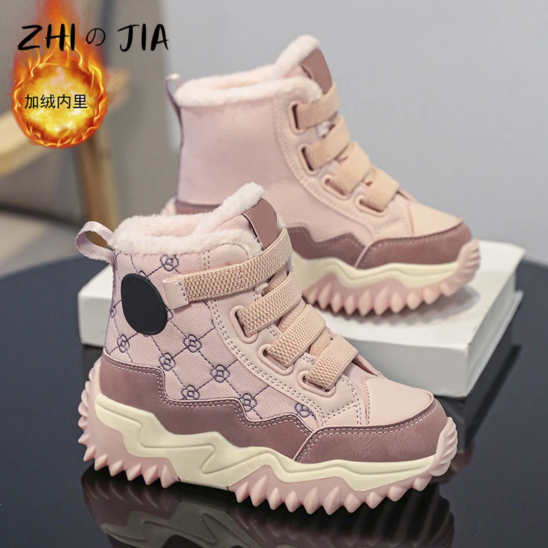 

Новая детская спортивная обувь для мальчиков и девочек, зимняя высокая плюшевая теплая обувь, модные уличные противоскользящие кроссовки 29-38