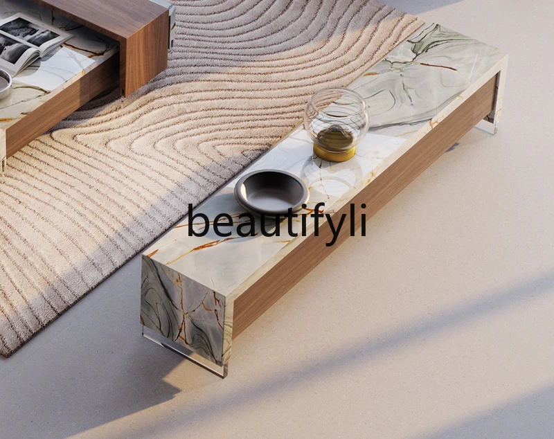 Italian modern, household natural luxury stone marble, TV cabinet combination acrylic suspension