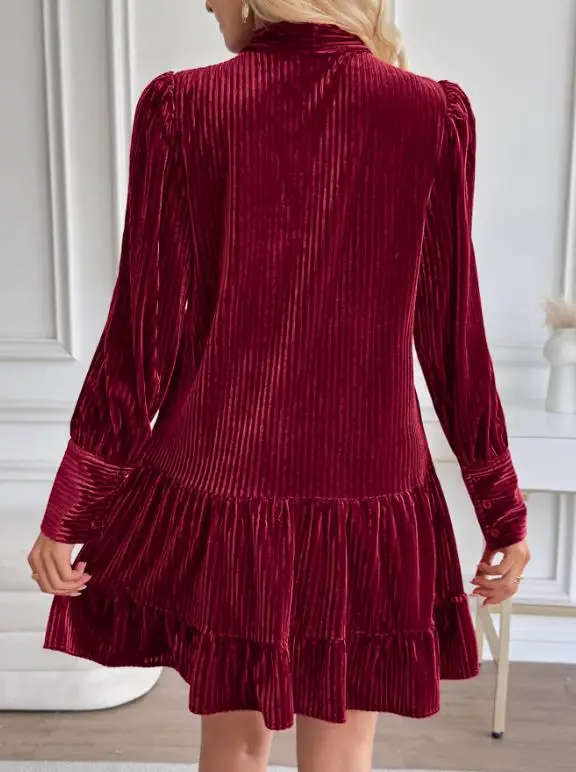 الخريف والشتاء جديد بلون جولة الرقبة الدانتيل يصل فستان سروال قصير الزخرفية لعيد الميلاد المرأة فستان أنيق بأكمام طويلة #4