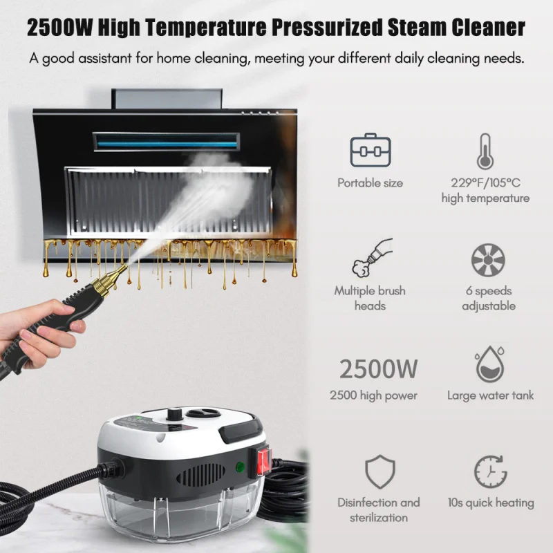 

2500W High Temperature Pressurized Steam Cleaning Machine Portable Handheld Steam Cleaner with Brush Heads for Kitchen Car