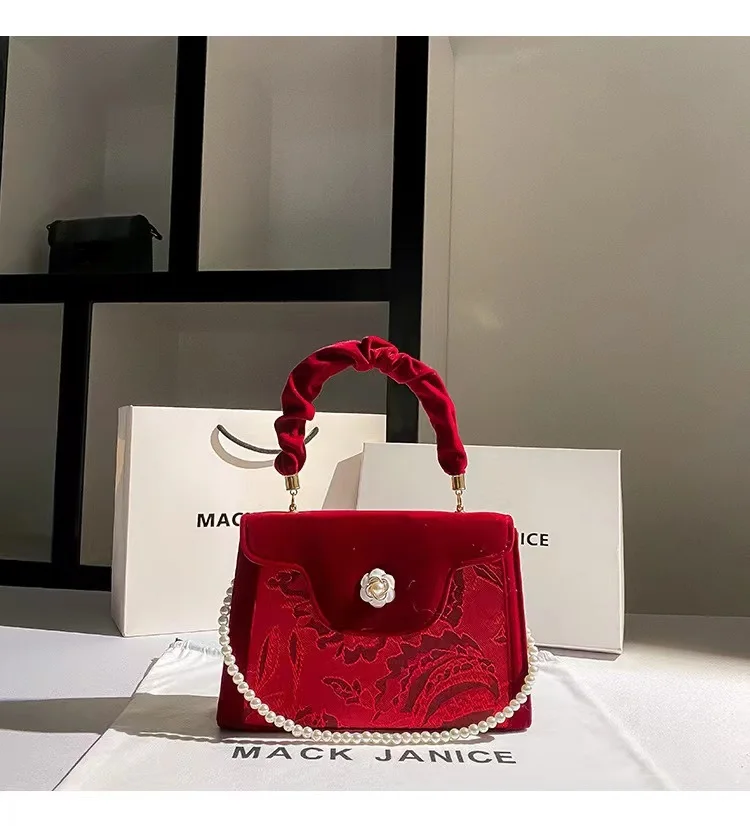 Autumn Velvet Square Bag Women Handbag Sexy Red Pearl Beading Evening Bag Wedding Party Clutch Purse Shoulder Crossbody Bag