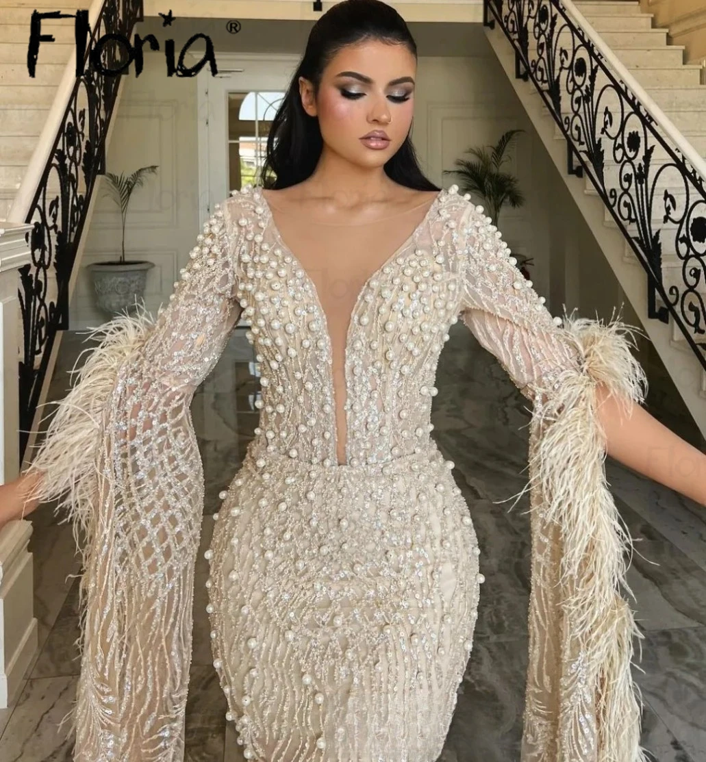 Light Champagne Nude Deep V Neck Feather Evening Dress Luxury Dubai  2024 Wedding Event Gowns Ivory Full Pearls Celebrity Dress