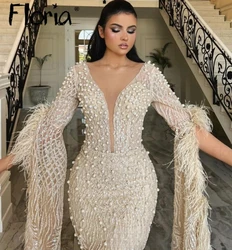 Light Champagne Nude Deep V Neck Feather Evening Dress Luxury Dubai  2024 Wedding Event Gowns Ivory Full Pearls Celebrity Dress